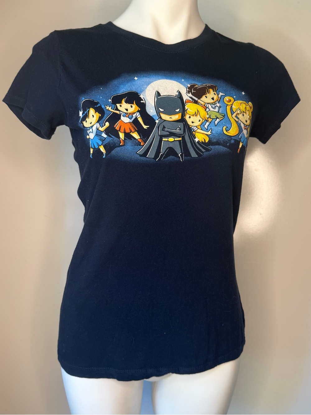 XL Navy Short Sleeve Graphic Tee with Cartoon Superhero Crew